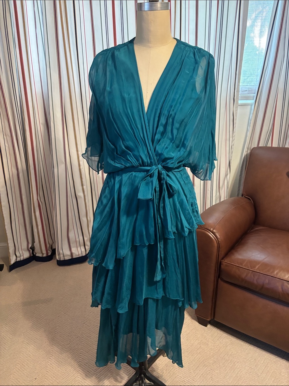 Women's Teal Tiered Wrap Midi Dress with Self-Tie Waist